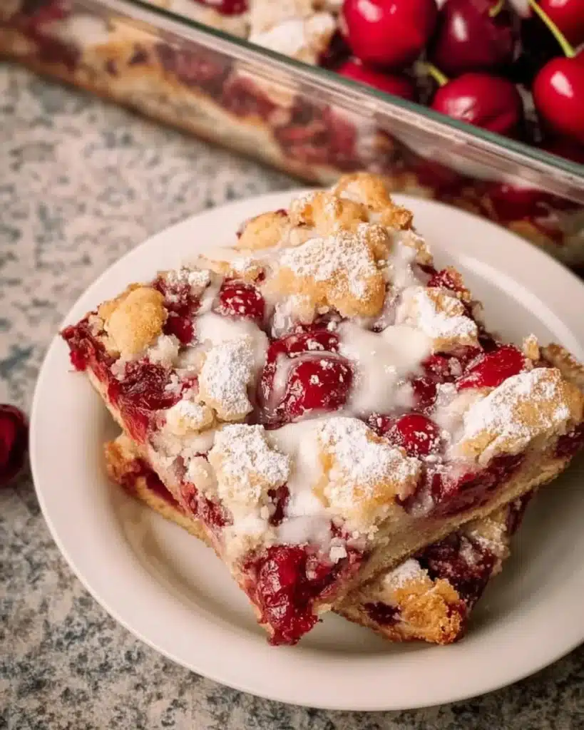 Delicious Cherry Cobbler Bars served on a plate with fresh cherries.