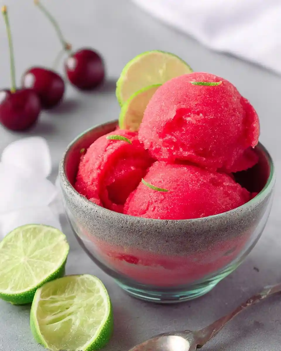 Three scoops of bright pink cherry lime sorbet in a glass bowl, garnished with lime zest and fresh cherries.