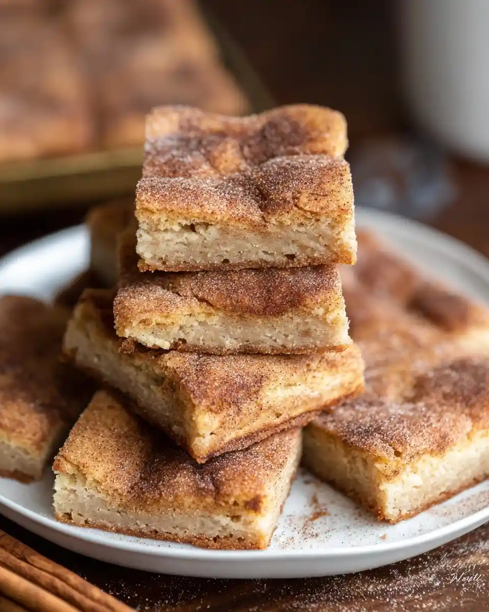 A stack of freshly baked {{ $('Fetch Recipe Data').first().json["Main Keyword"] }} topped with cinnamon sugar on a white plate.