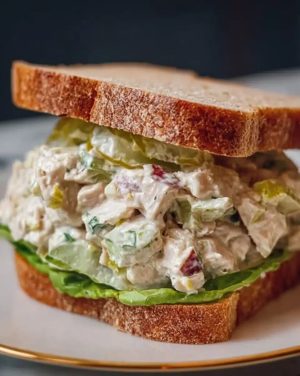 Delicious chicken salad sandwich on a plate with fresh ingredients