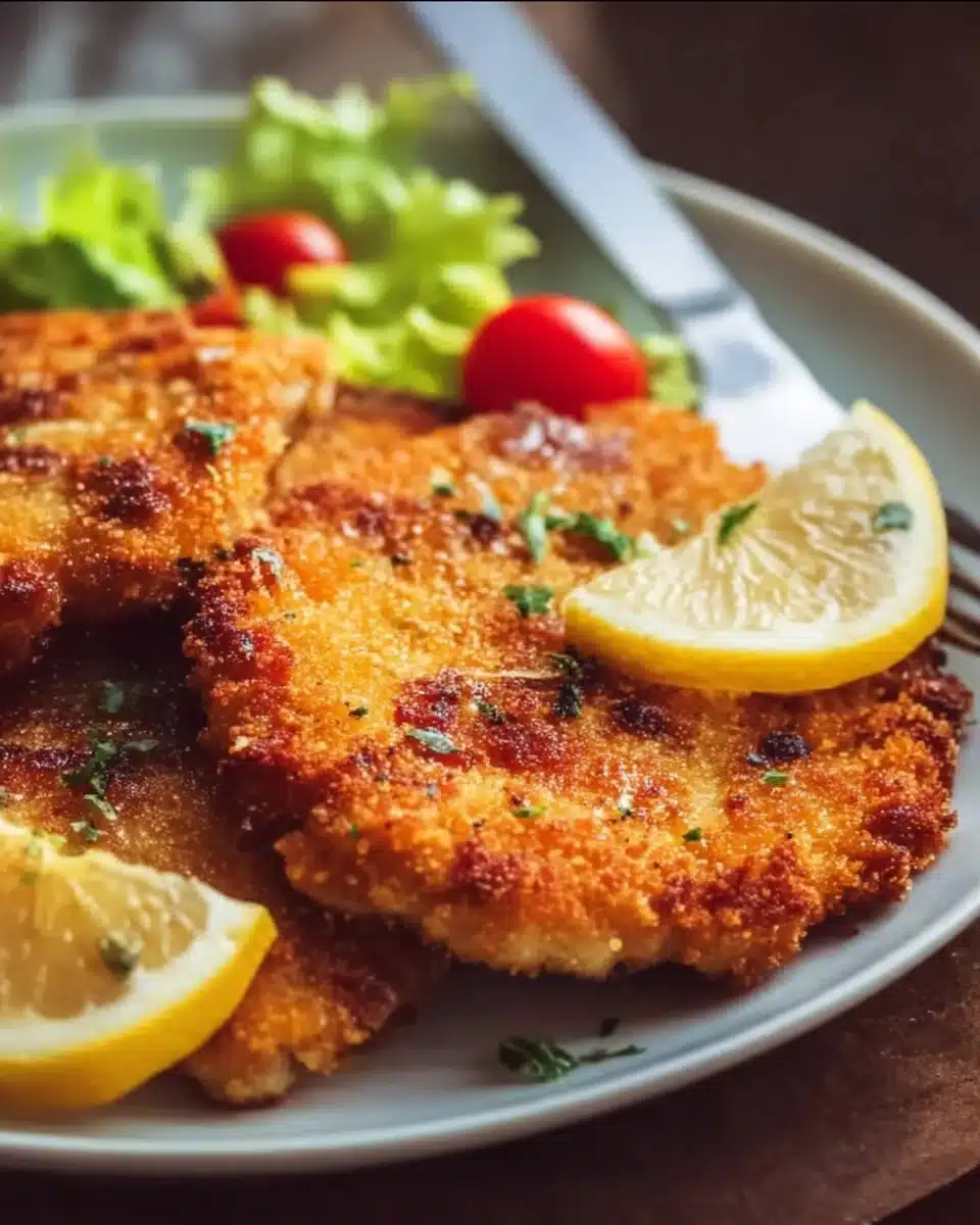 Delicious crispy Chicken Schnitzel served with lemon and herbs