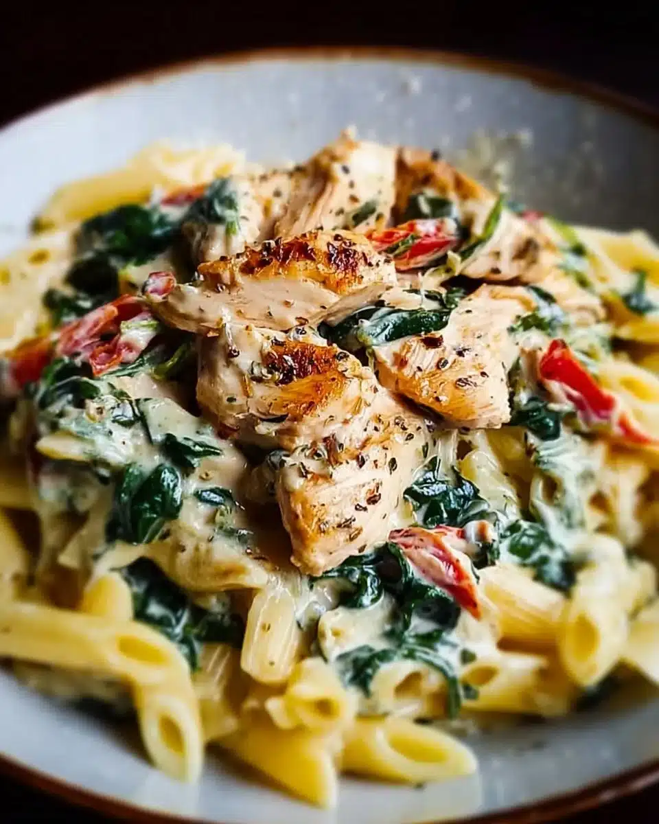 Creamy Chicken Spinach Pasta with tender chicken and fresh spinach