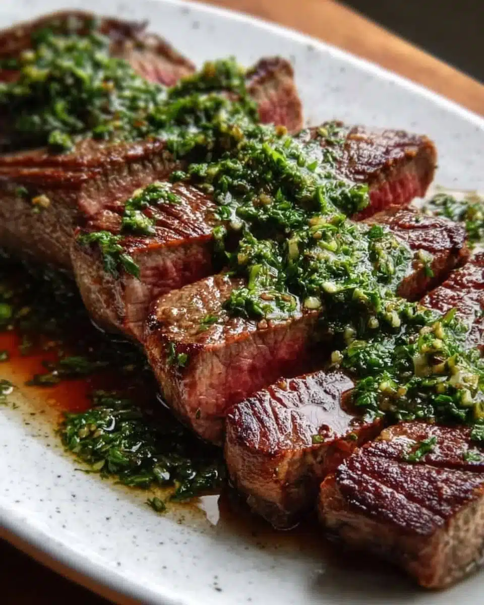 Juicy Chimichurri Steak grilled to perfection, garnished with fresh herbs.