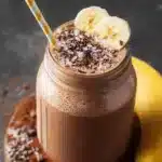 Creamy chocolate banana smoothie in a glass topped with banana slices and chocolate chips