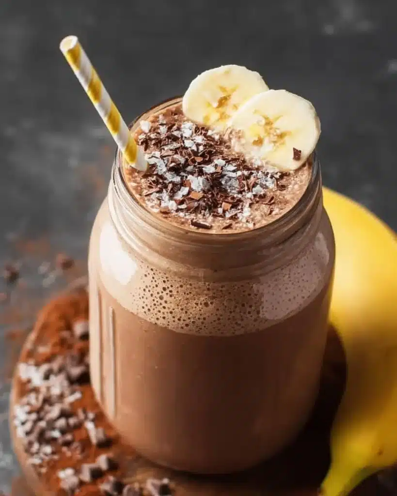 Creamy chocolate banana smoothie in a glass topped with banana slices and chocolate chips