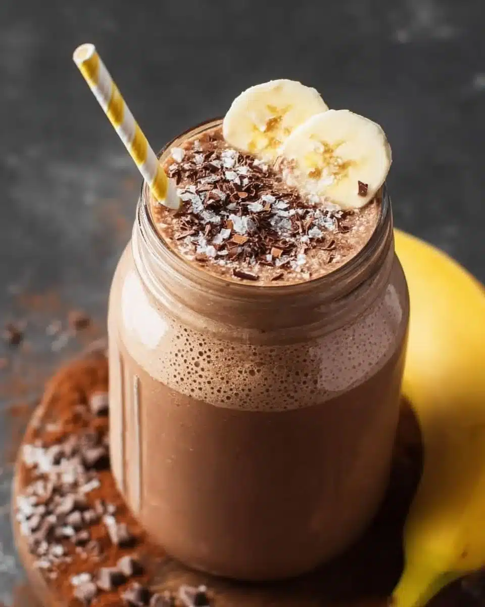 Creamy chocolate banana smoothie in a glass topped with banana slices and chocolate chips