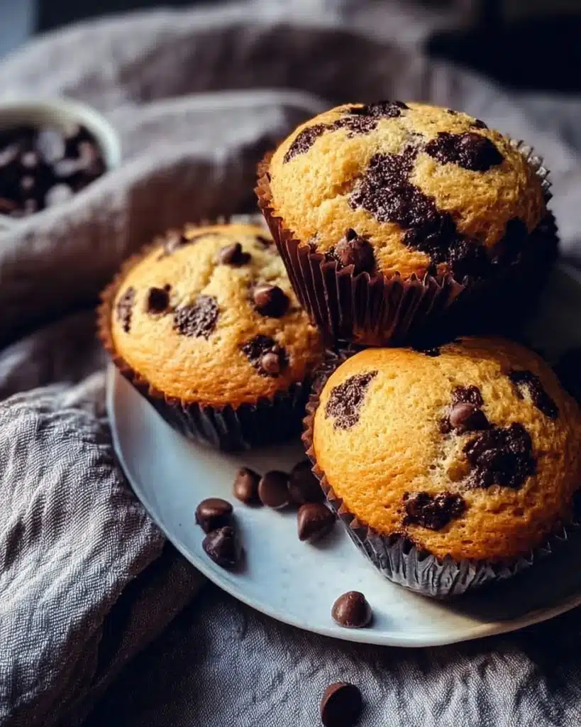 Freshly baked chocolate chip breakfast muffins on a wooden table