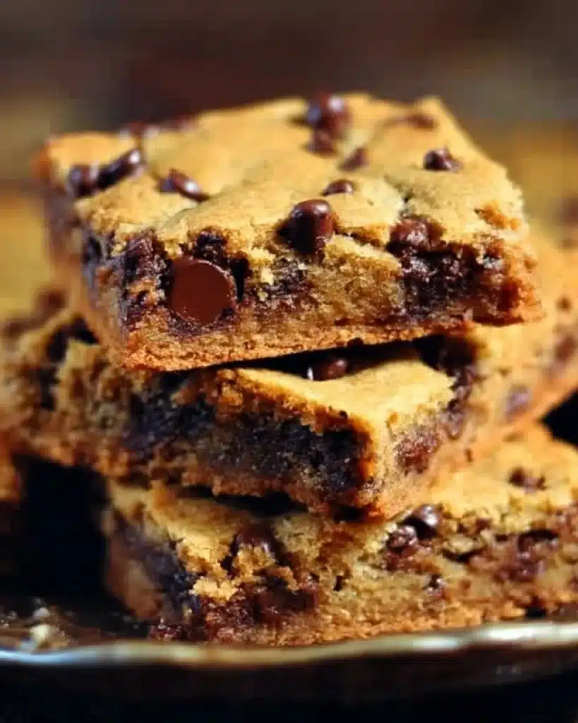 Delicious chocolate chip cookie bars displayed on a wooden table
