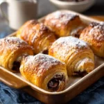 A baking dish filled with freshly baked pain au chocolat dusted with powdered sugar, with coffee in the background.