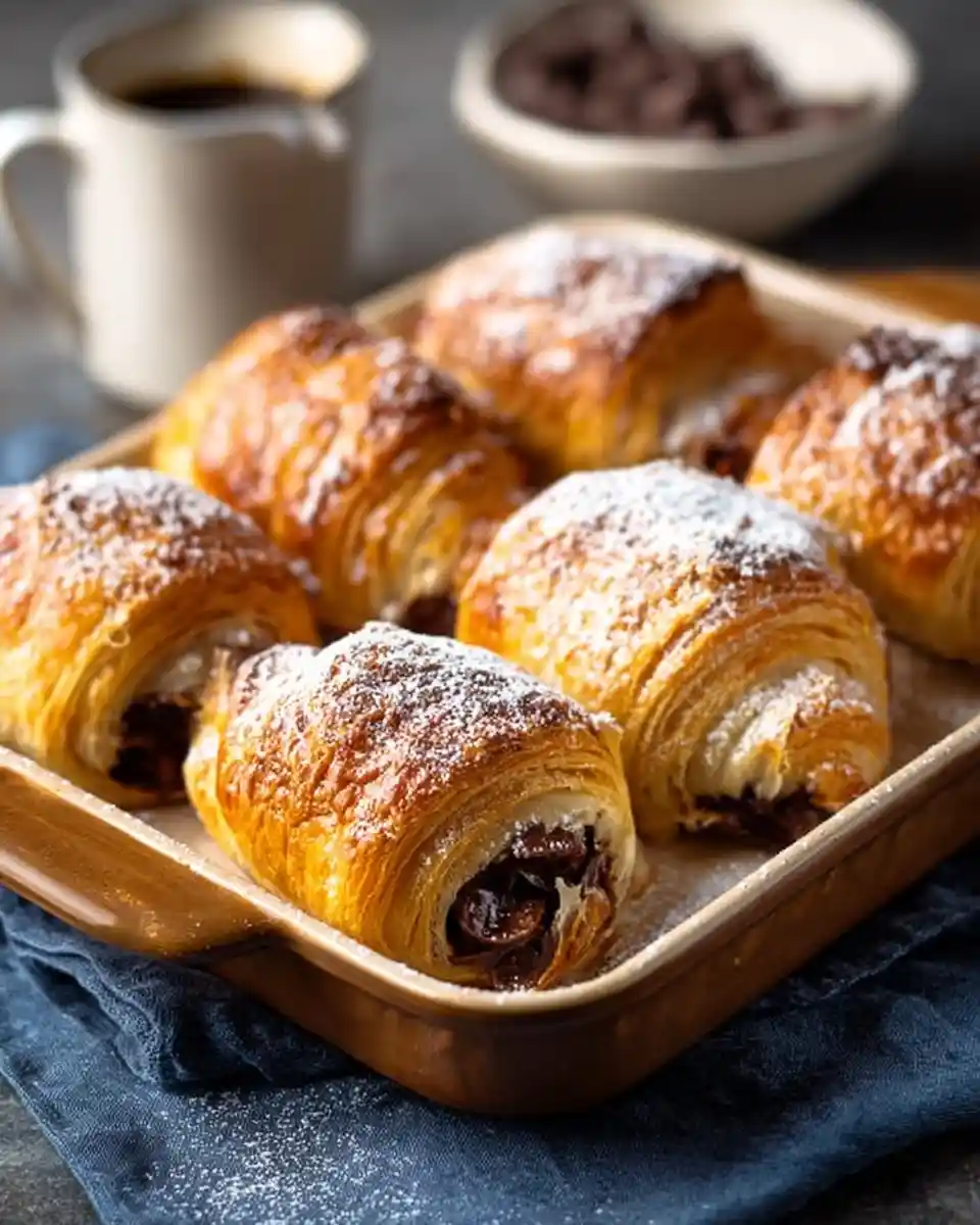 A baking dish filled with freshly baked pain au chocolat dusted with powdered sugar, with coffee in the background.