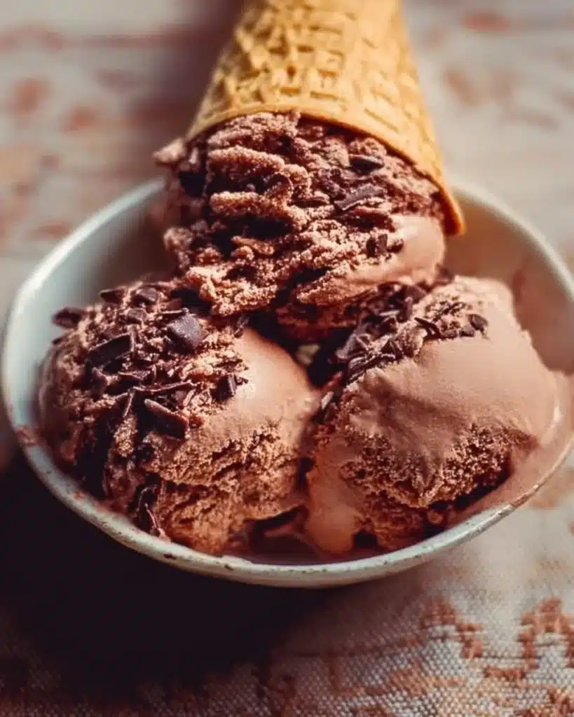 Delicious bowl of rich chocolate ice cream topped with chocolate shavings