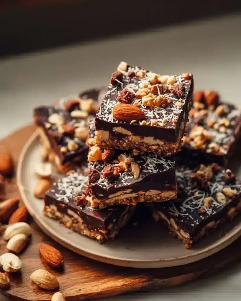 Delicious chocolate nut dessert bars stacked on a plate