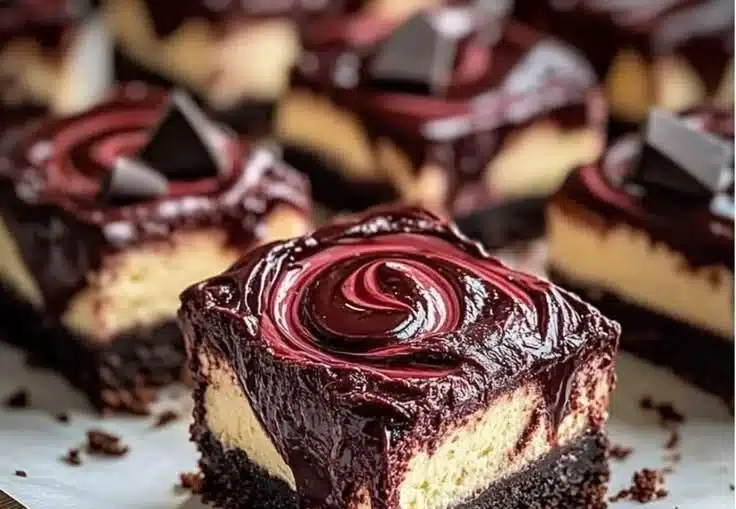 Delicious chocolate swirl cheesecake squares on a dessert platter.