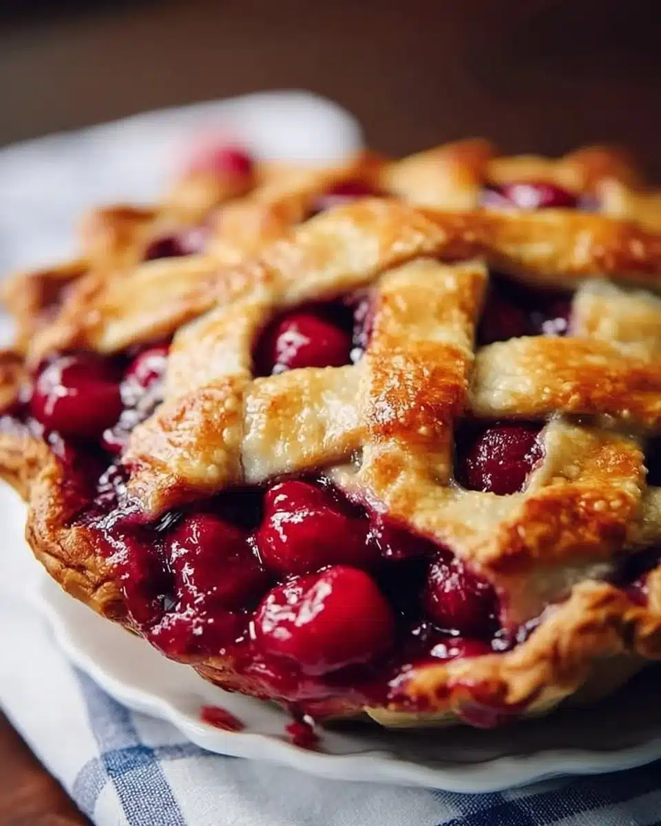 Classic cherry pie with a flaky crust and cherry filling, perfect for dessert lovers.