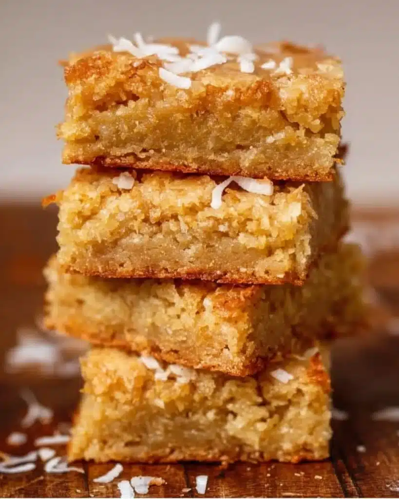 Freshly baked coconut blondies with a golden crust and coconut flakes