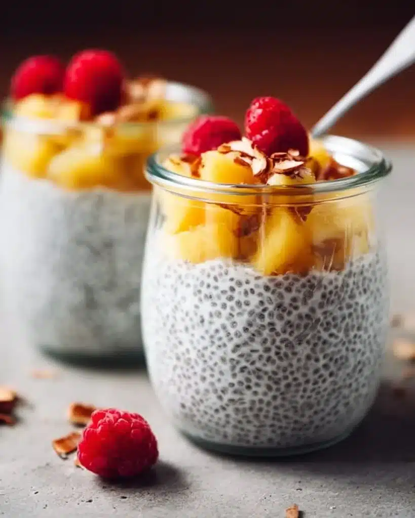 Delicious coconut chia pudding topped with fresh fruits and nuts.