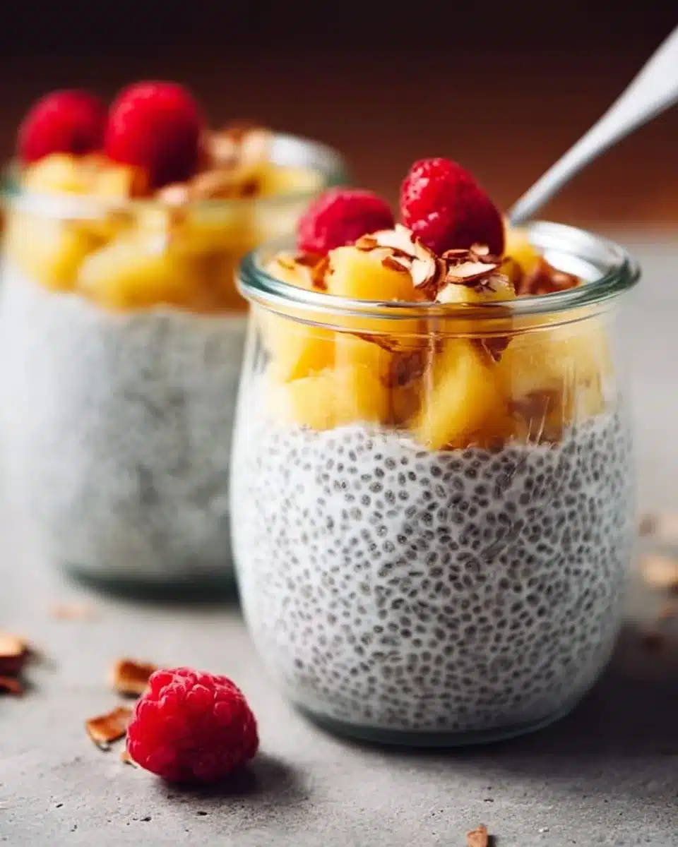 Delicious coconut chia pudding topped with fresh fruits and nuts.