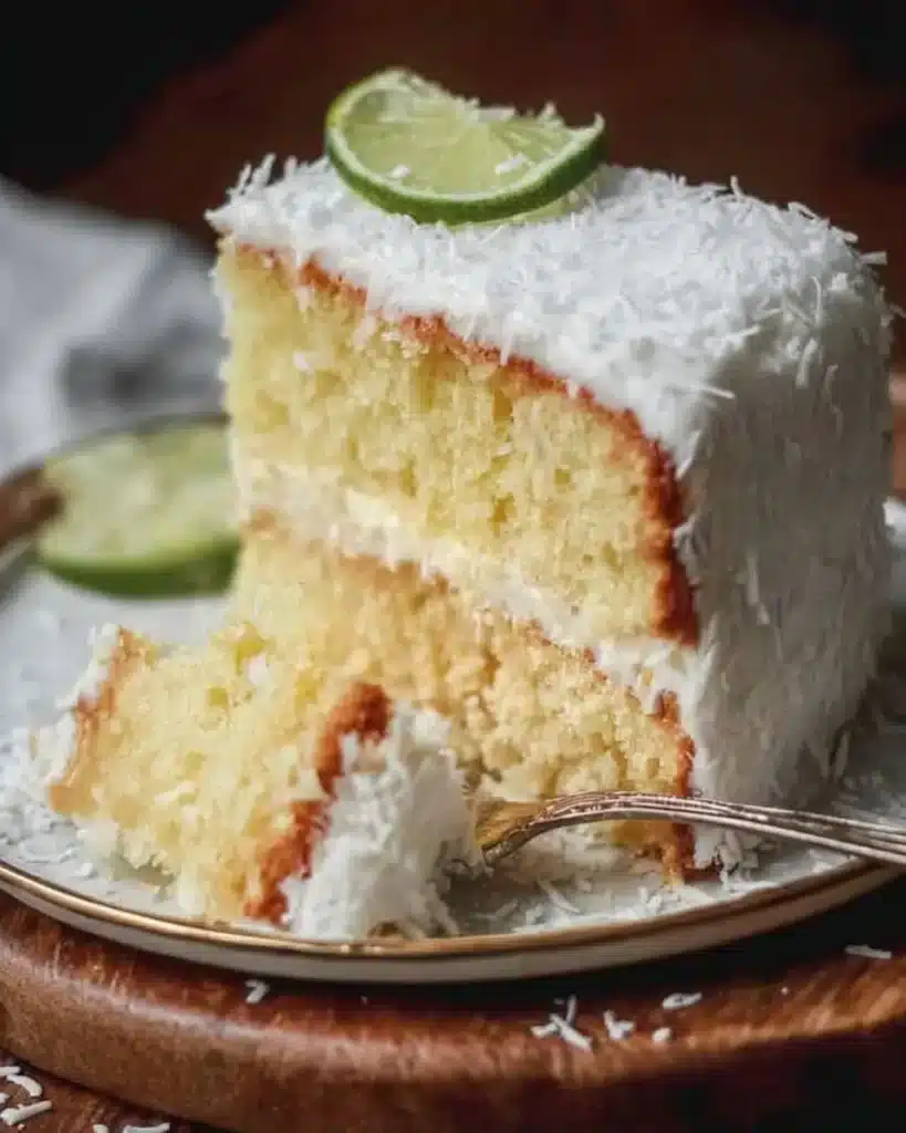 Deliciously moist Coconut Lime Cake topped with lime zest and coconut flakes