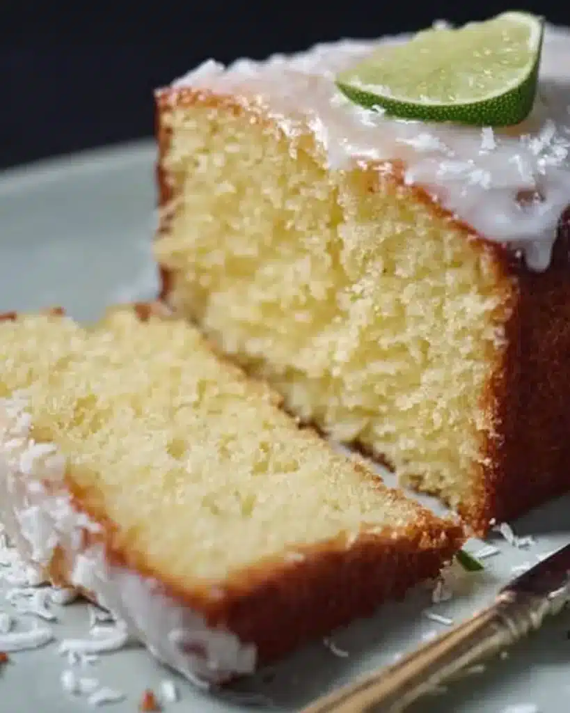 Coconut Lime Margarita Pound Cake drizzled with lime glaze and coconut flakes