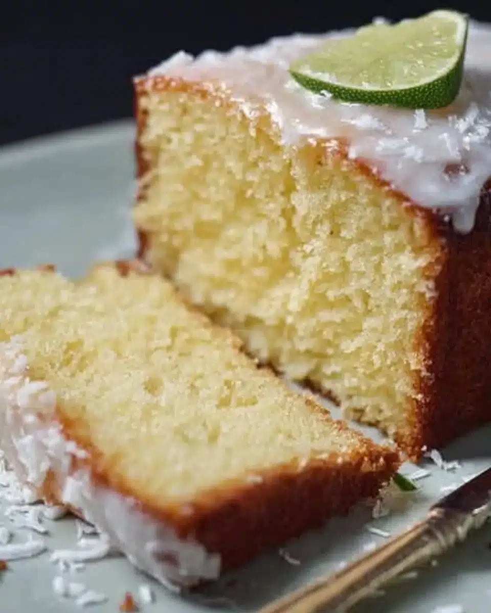 Coconut Lime Margarita Pound Cake drizzled with lime glaze and coconut flakes