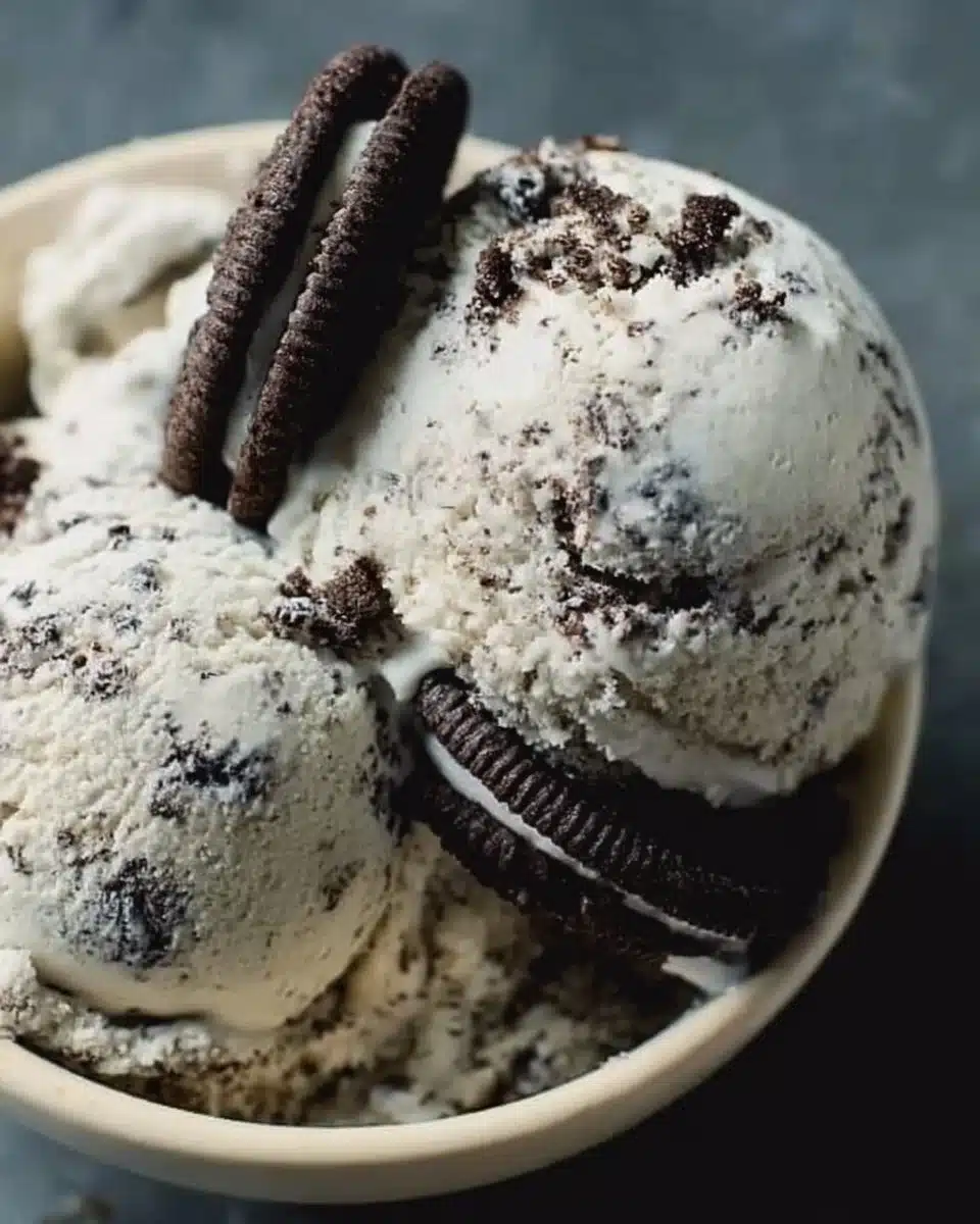 A delicious bowl of Cookies and Cream Ice Cream with chocolate cookie chunks