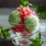 Glass bowl of {{ $('Fetch Recipe Data').first().json["Main Keyword"] }} showing green ice cream, pink shaved ice, and mint.
