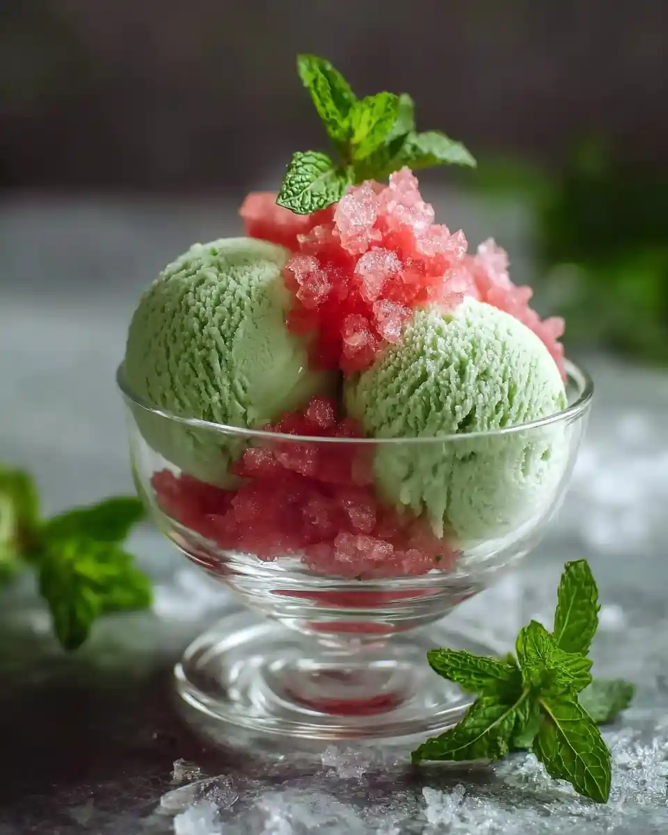 Glass bowl of {{ $('Fetch Recipe Data').first().json["Main Keyword"] }} showing green ice cream, pink shaved ice, and mint.