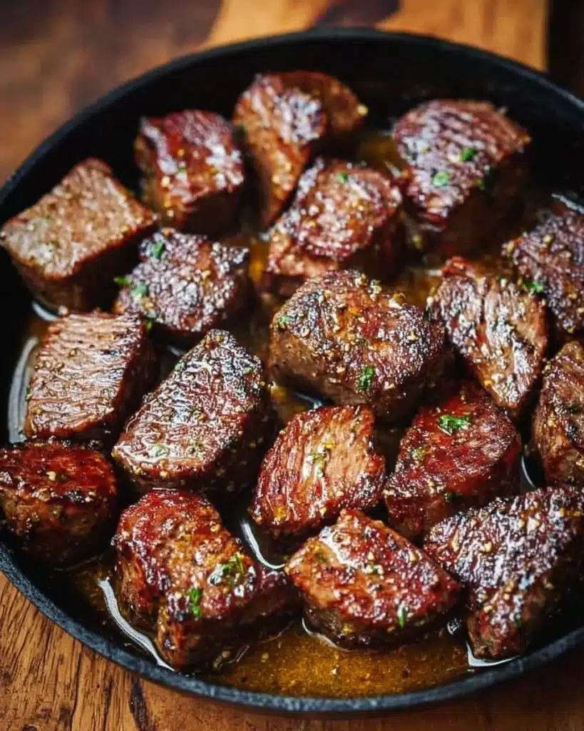 Delicious Cowboy Butter Steak Bites served on a platter.