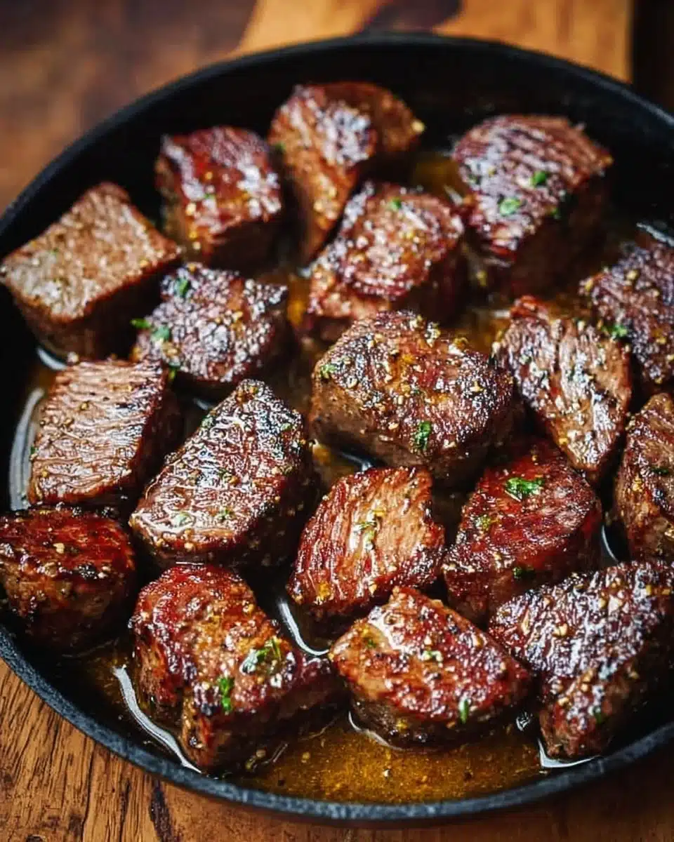 Delicious Cowboy Butter Steak Bites served on a platter.