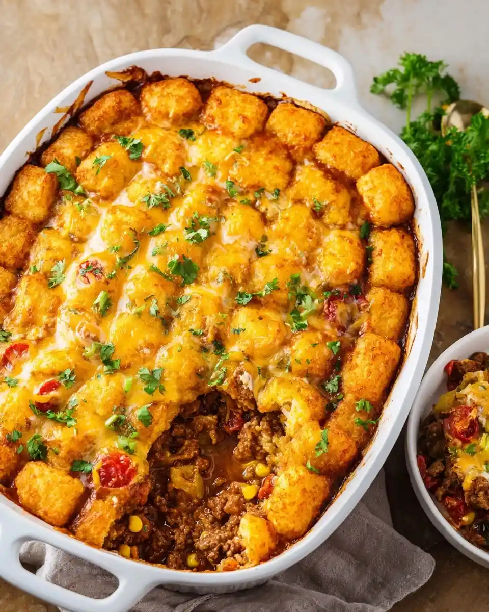 A freshly baked tater tot casserole in a white dish, showing a savory ground beef, corn, and melted cheese filling.