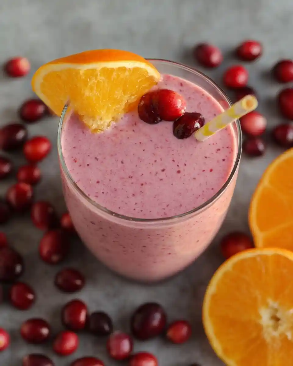 A creamy pink cranberry orange smoothie in a glass, garnished with fresh cranberries and a bright orange slice.