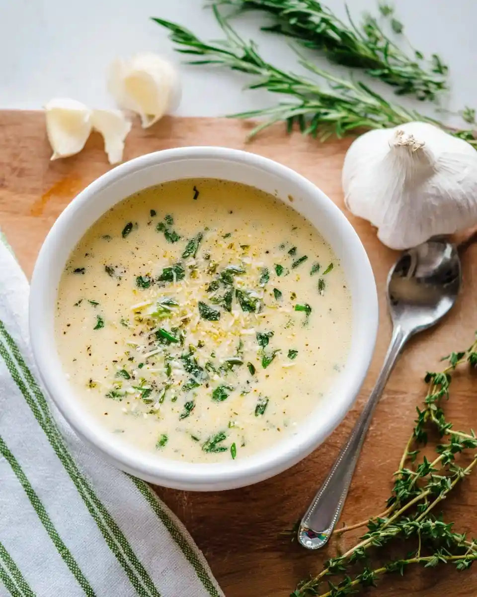 A bowl of creamy garlic soup topped with fresh herbs and cheese, served on a wooden board with garlic cloves.