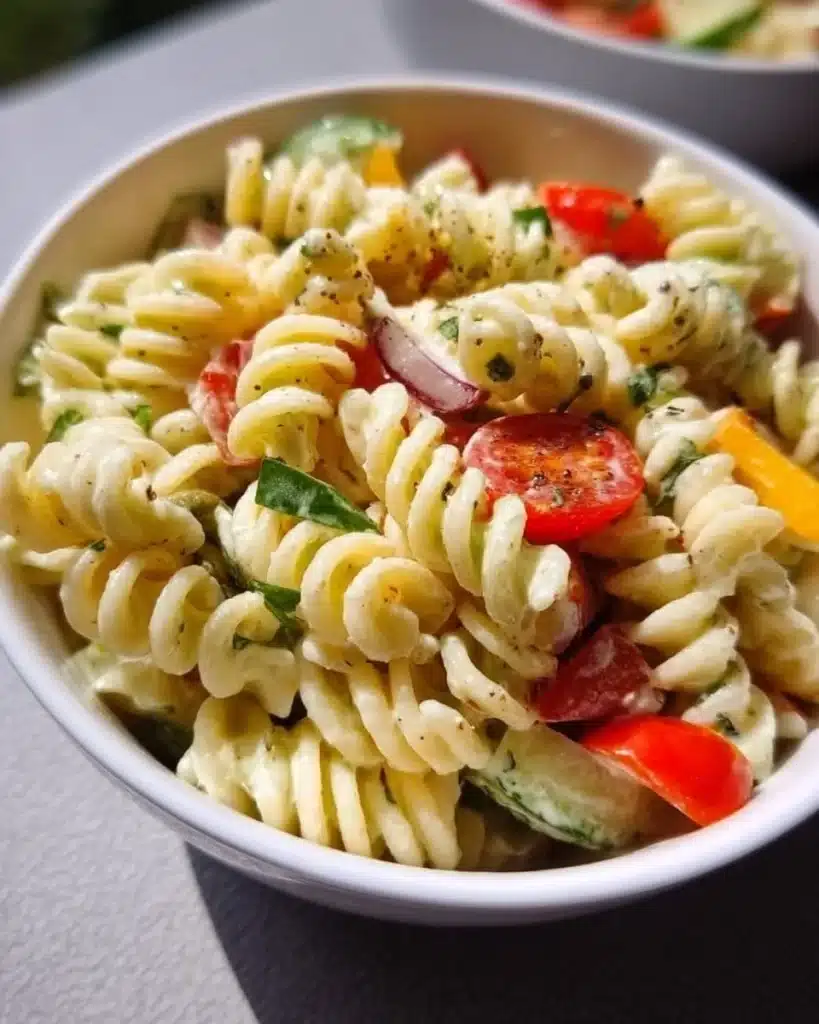 Creamy pasta salad with vegetables and dressing in a bowl