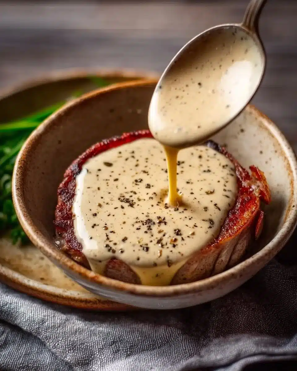 Creamy peppercorn sauce drizzled over grilled steak on a plate