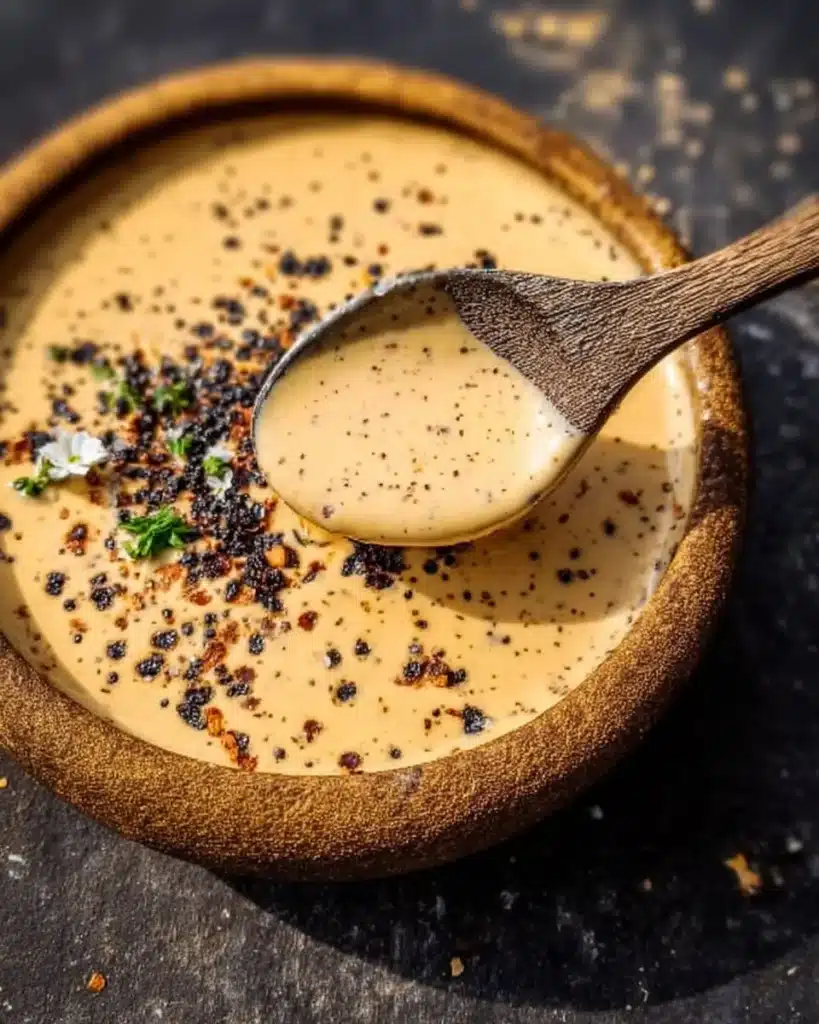 Delicious creamy peppercorn sauce served with steak on a plate.