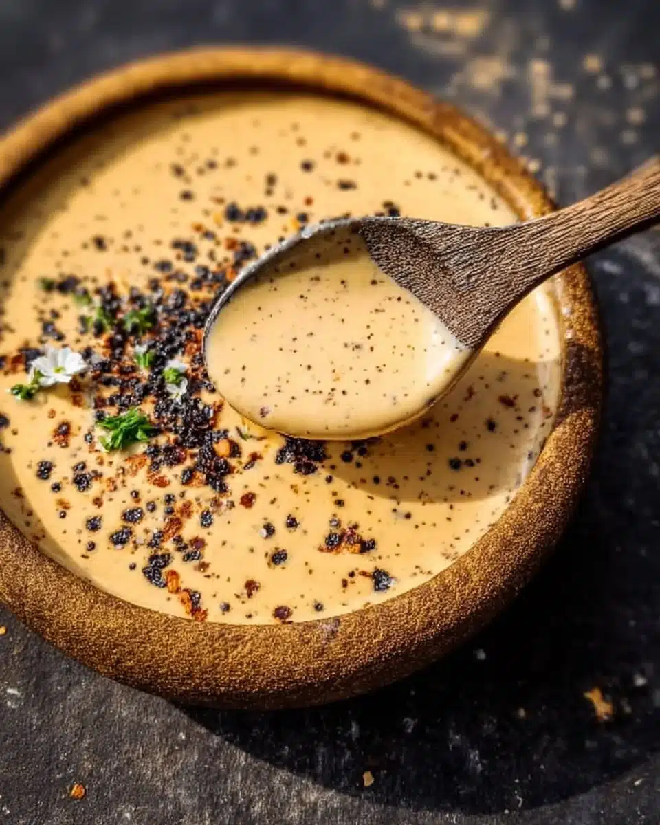 Delicious creamy peppercorn sauce served with steak on a plate.