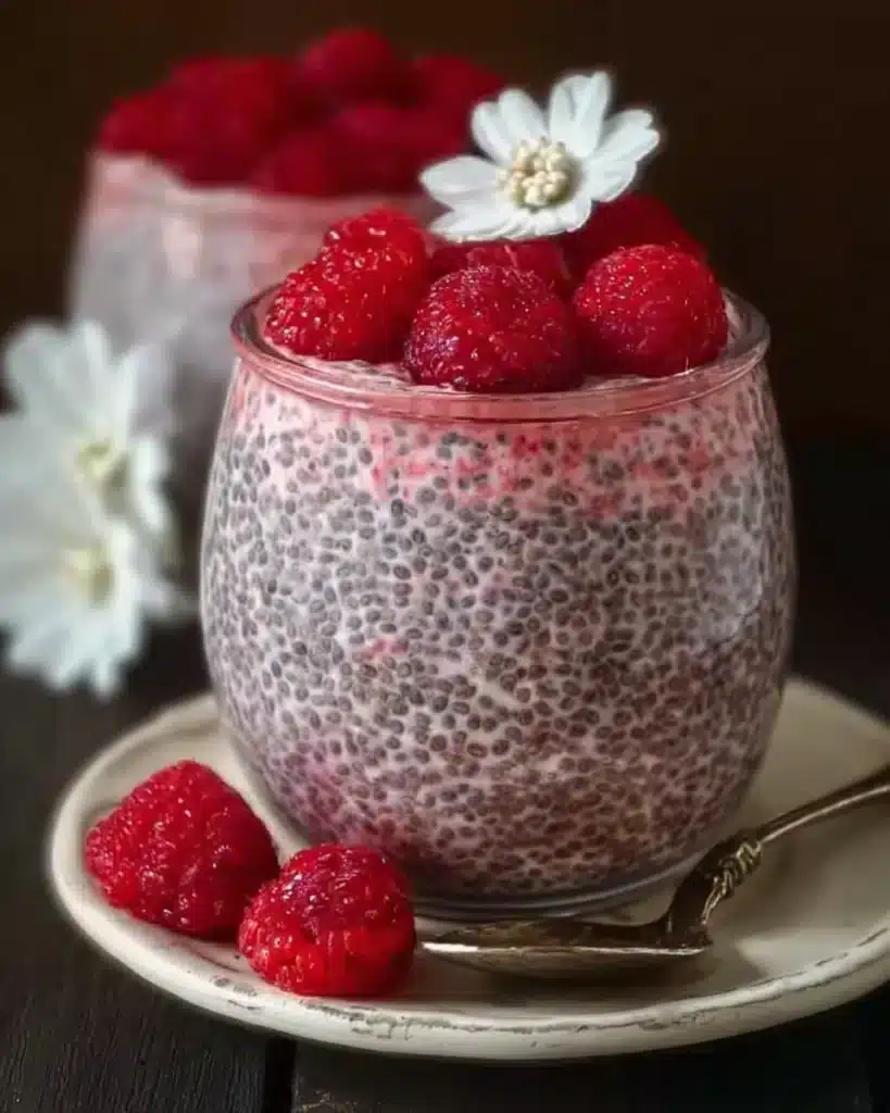 Creamy raspberry chia pudding in a glass topped with fresh raspberries.