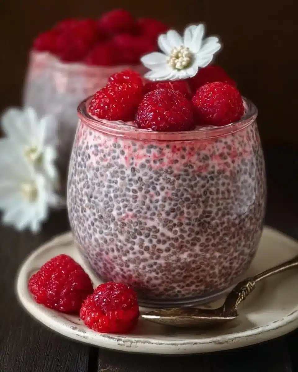Creamy raspberry chia pudding in a glass topped with fresh raspberries.