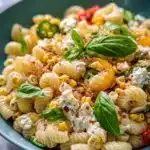 Creamy street corn pasta salad served in a colorful bowl with fresh ingredients.