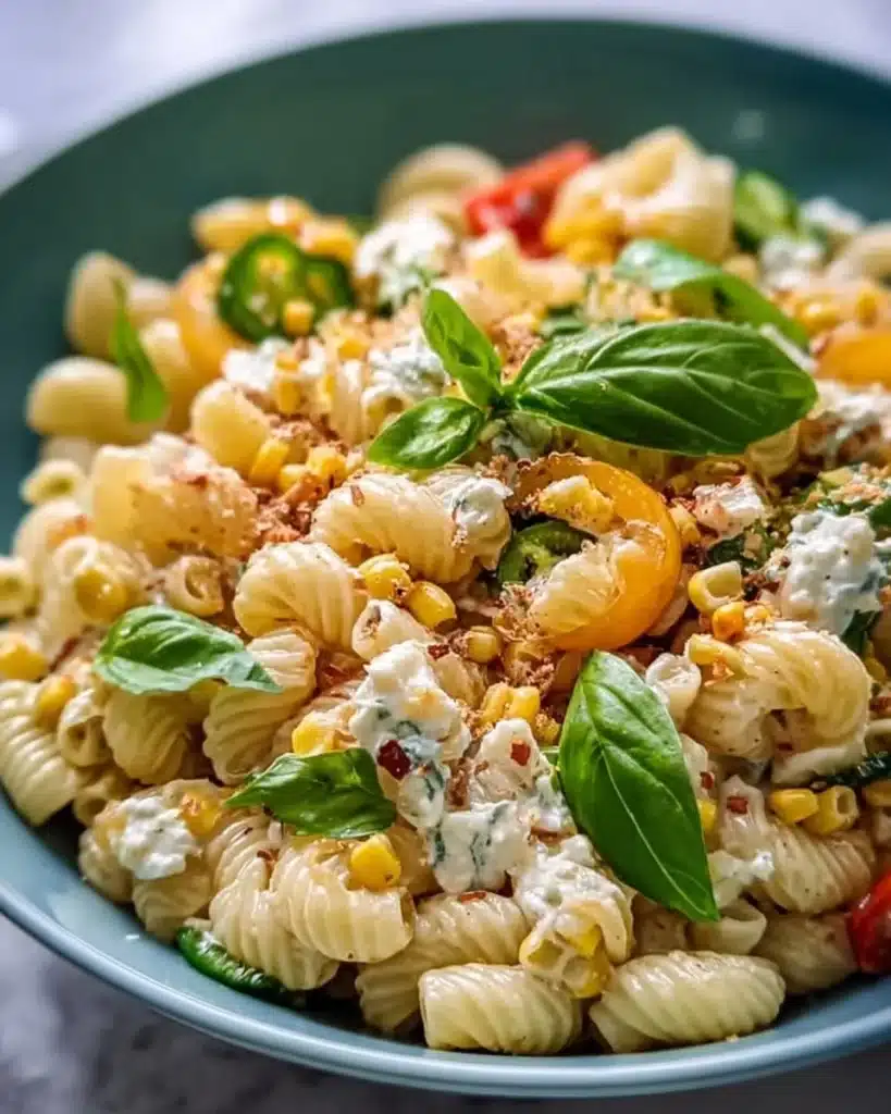 Creamy street corn pasta salad served in a colorful bowl with fresh ingredients.