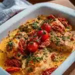 Creamy Tomato Chicken Plate with chicken in tomato sauce served on a white dish