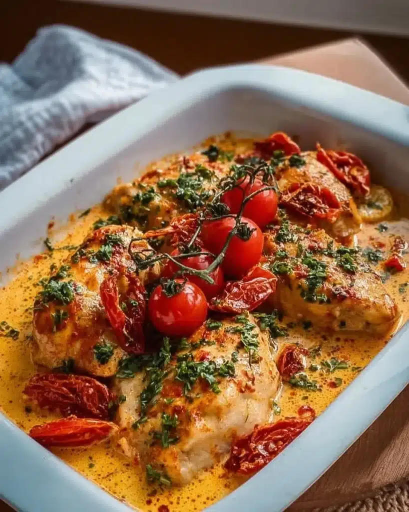 Creamy Tomato Chicken Plate with chicken in tomato sauce served on a white dish