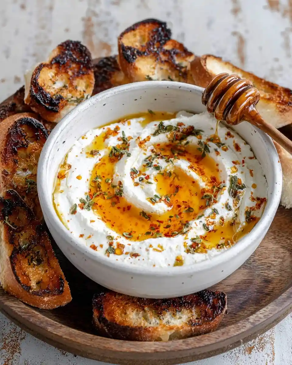 Creamy {{ $('Fetch Recipe Data').first().json["Main Keyword"] }} with honey and herbs, surrounded by toasted bread.