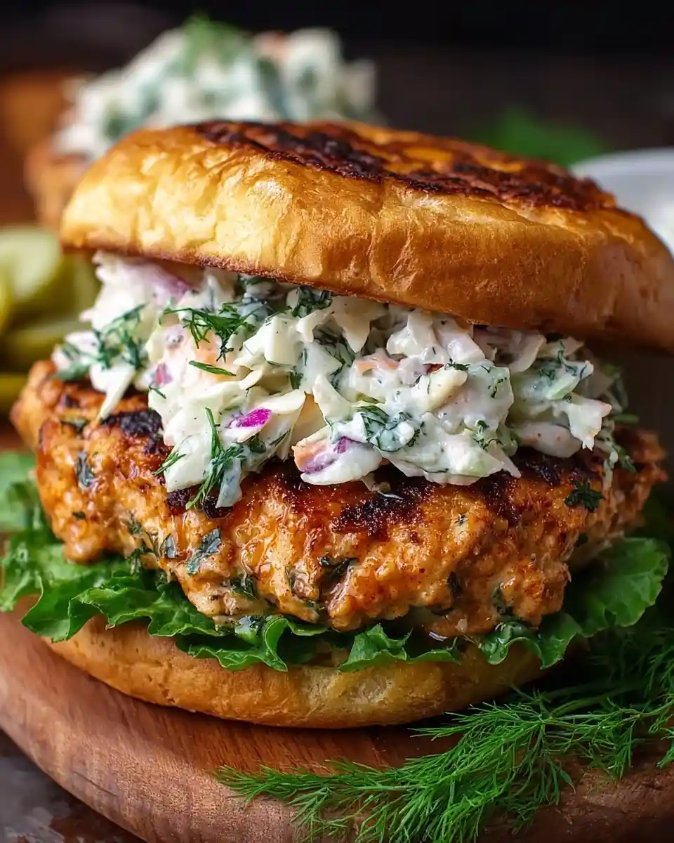 A close-up of a juicy salmon burger topped with creamy dill slaw and fresh lettuce on a toasted bun.