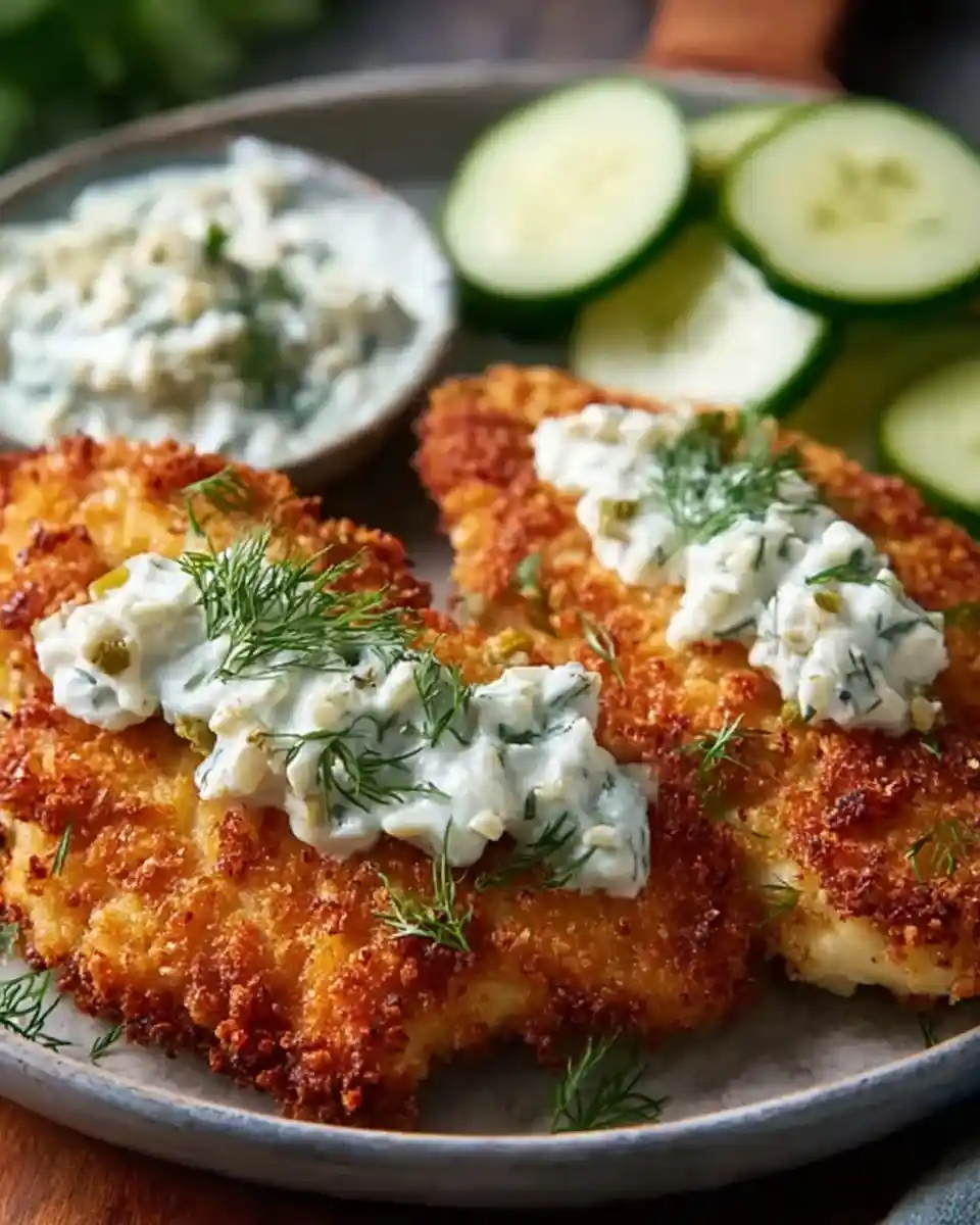 Golden {{ $('Fetch Recipe Data').first().json["Main Keyword"] }} topped with creamy dill sauce and fresh cucumbers.