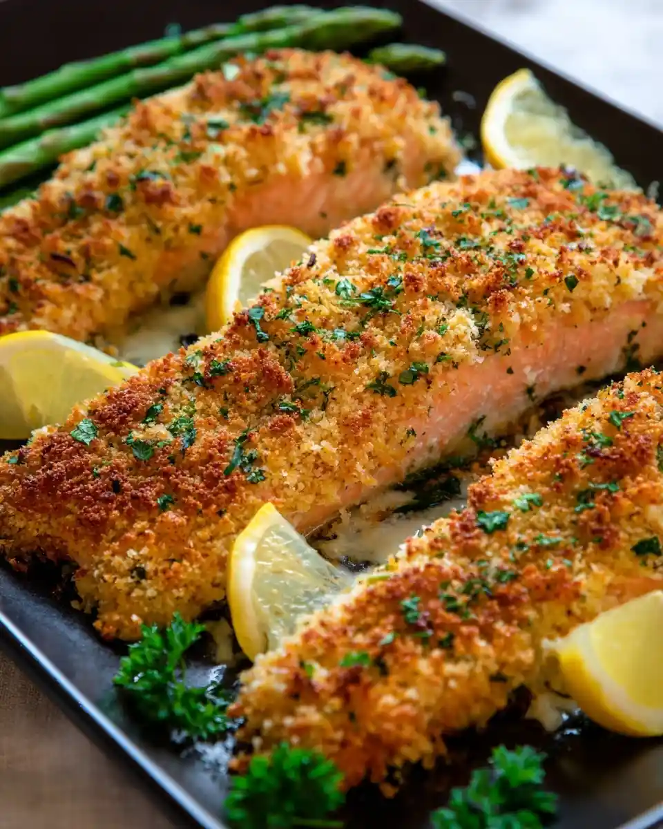 Golden crispy {{ $('Fetch Recipe Data').first().json["Main Keyword"] }} fillets on a dark platter garnished with lemon, parsley, and asparagus.