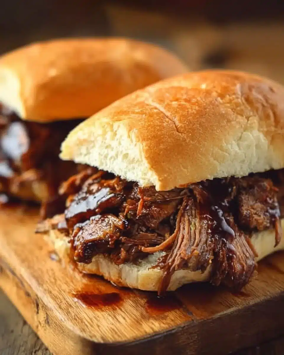 Crockpot brisket sandwich topped with barbecue sauce and pickles on a bun