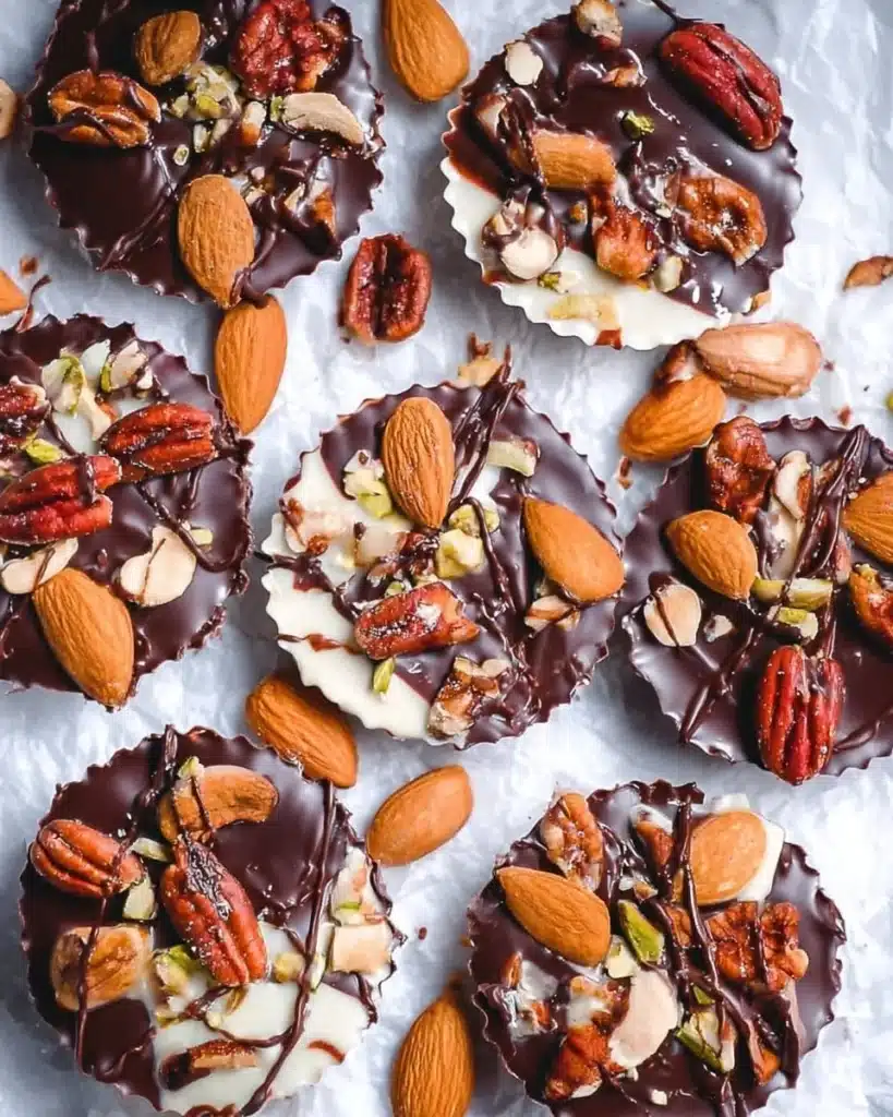 Crunchy chocolate mixed nut cups with nuts and chocolate drizzle