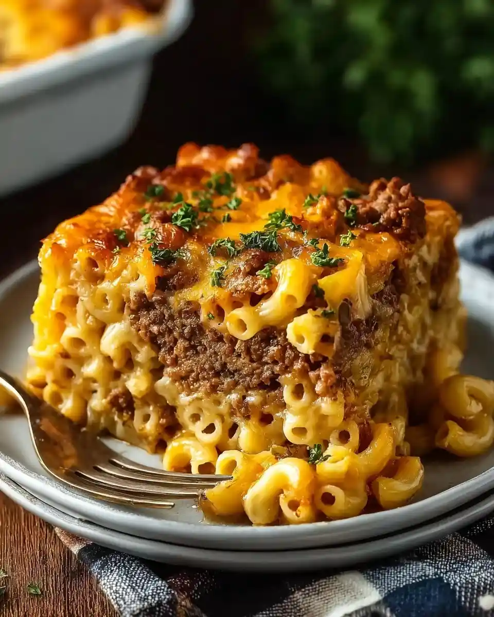 A plated slice of {{ $('Fetch Recipe Data').first().json["Main Keyword"] }} with ground beef, pasta, and melted cheese.