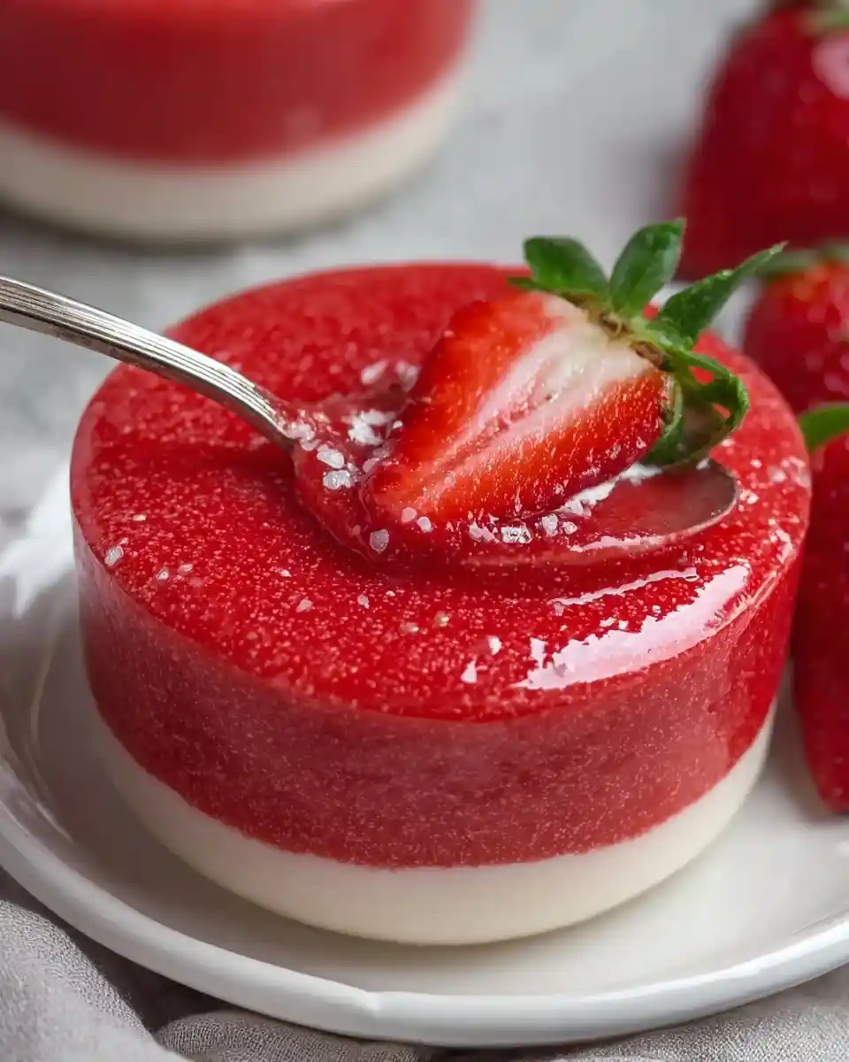 A silver spoon cuts into a {{ $('Fetch Recipe Data').first().json["Main Keyword"] }} topped with a strawberry.